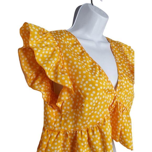 SHEIN Womens Yellow White Floral Cross Front Ruffle Flutter Sleeve Crop Blouse S - Picture 5 of 9